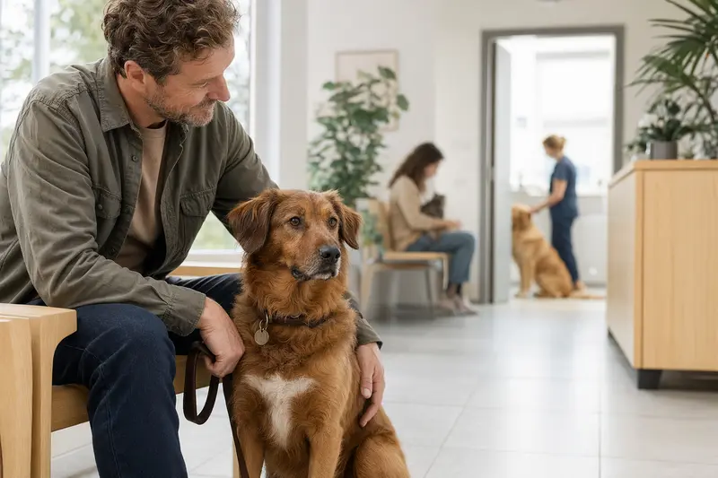 Ein Bas-Rouge Hund sitzt ruhig neben seinem Besitzer im hellen Wartezimmer einer modernen Tierarztpraxis.